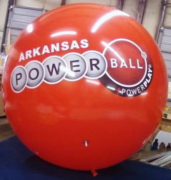 large red advertising balloon with Lottery logo